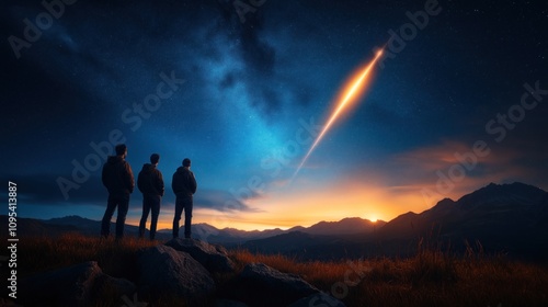 As night falls, three figures stand atop a rocky outcrop, captivated by a bright comet racing through the dark sky above mountains, illuminating the twilight