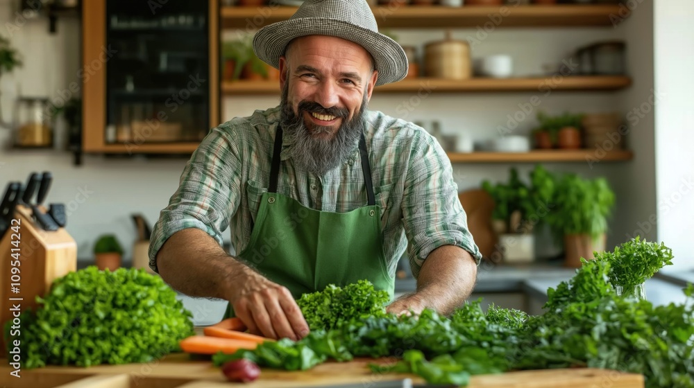 A cheerful chef sorts and chops various fresh vegetables, including lettuce and carrots, in a bright kitchen filled with plants and cooking utensils, exuding a lively atmosphere A cheerful chef sorts and chops various fresh vegetables, including lettuce and carrots, in a bright kitchen filled with plants and cooking utensils, exuding a lively atmosphere