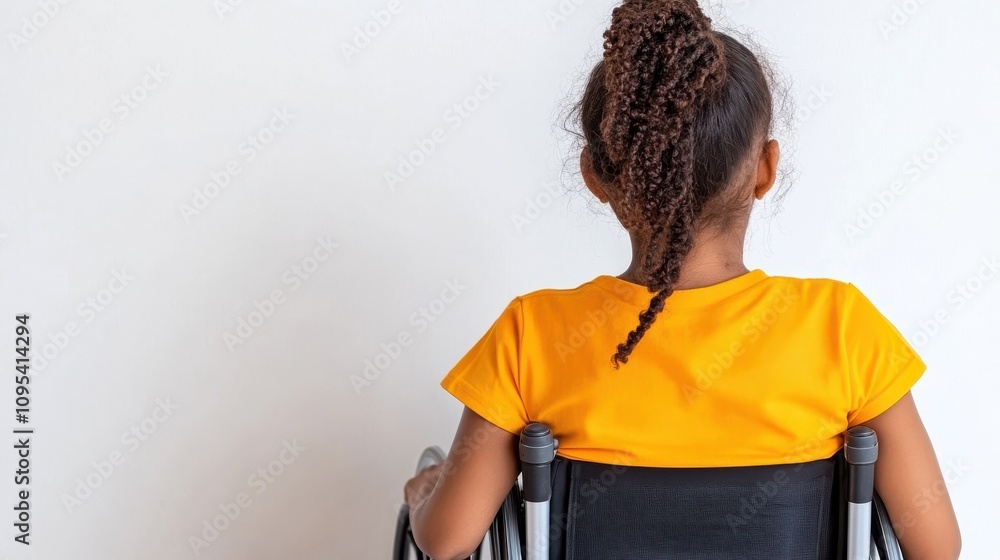 A young girl with curly hair is seen from the back sitting in a wheelchair, wearing a bright orange shirt, against a plain white background, symbolizing resilience. A young girl with curly hair is seen from the back sitting in a wheelchair, wearing a bright orange shirt, against a plain white background, symbolizing resilience.