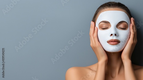 young woman sits peacefully with a facial mask on her face, gently holding her cheeks as she enjoys a moment of relaxation in a calming spa environment