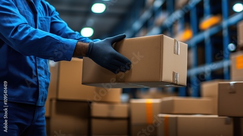 warehouse worker in blue attire and gloves carefully lifts a cardboard box in a well-organized storage facility with shelves stacked high with similar boxes photo