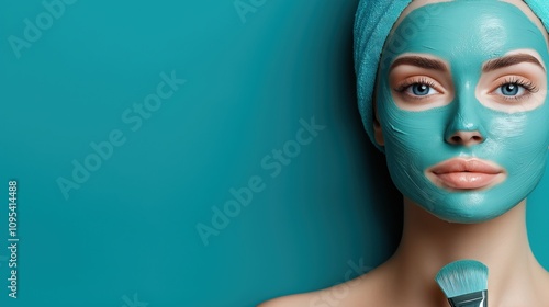 Relaxing at home, a woman with a turquoise facial mask smiles softly while holding a brush beside her. vibrant wall color enhances the soothing atmosphere of her self-care routine