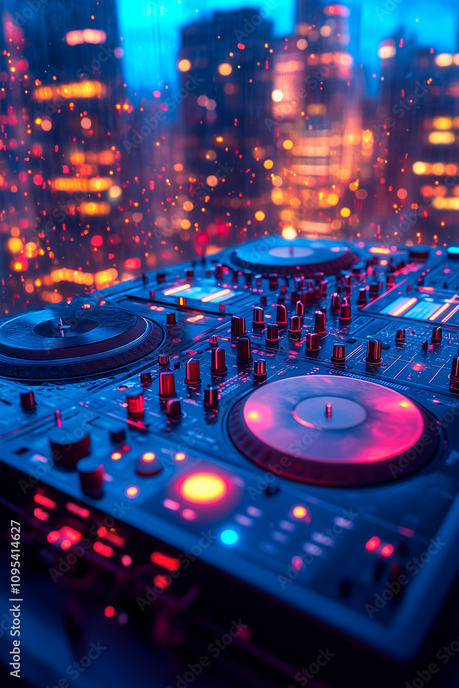 DJ turntables in front of a skyline DJ turntables in front of a skyline