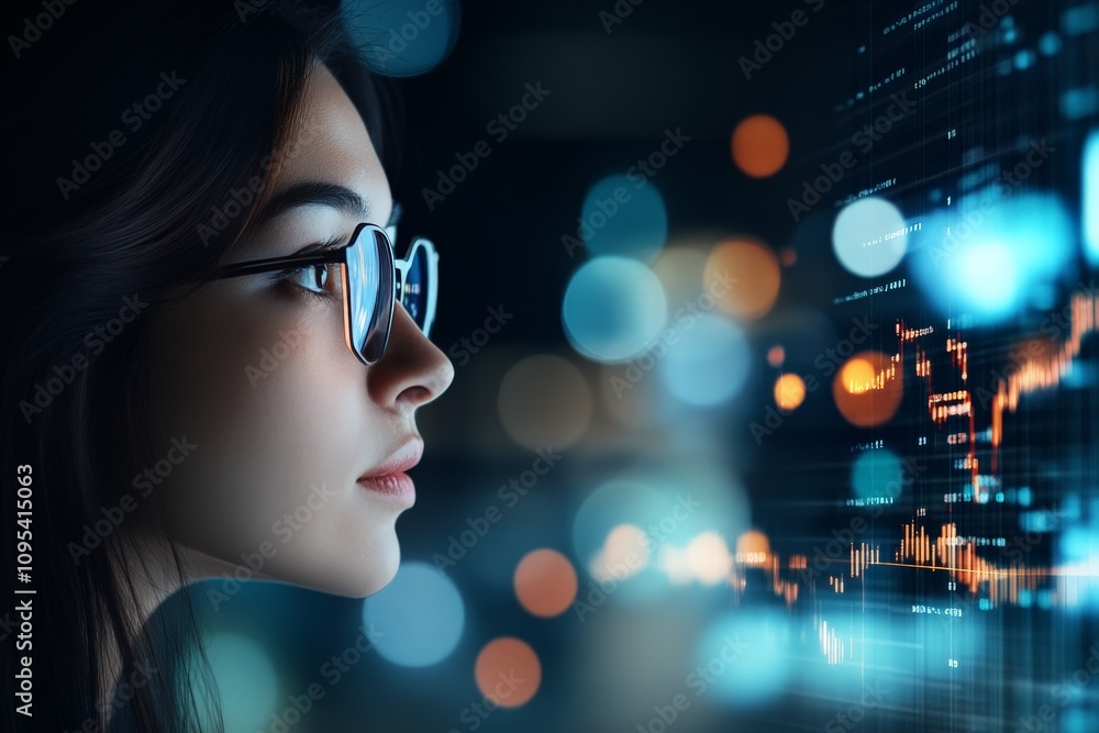 A side profile of a woman wearing glasses reflecting colorful data, representing intellectual curiosity, technology, and analytical insights into modern digital life. A side profile of a woman wearing glasses reflecting colorful data, representing intellectual curiosity, technology, and analytical insights into modern digital life.