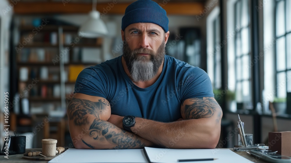 man with an impressive beard and tattoos sits with his arms crossed, exuding strength and focus in a bright, creative workspace filled with natural light man with an impressive beard and tattoos sits with his arms crossed, exuding strength and focus in a bright, creative workspace filled with natural light
