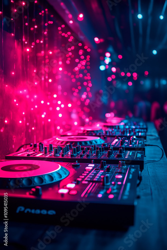 DJ turntables with intense neon lights
