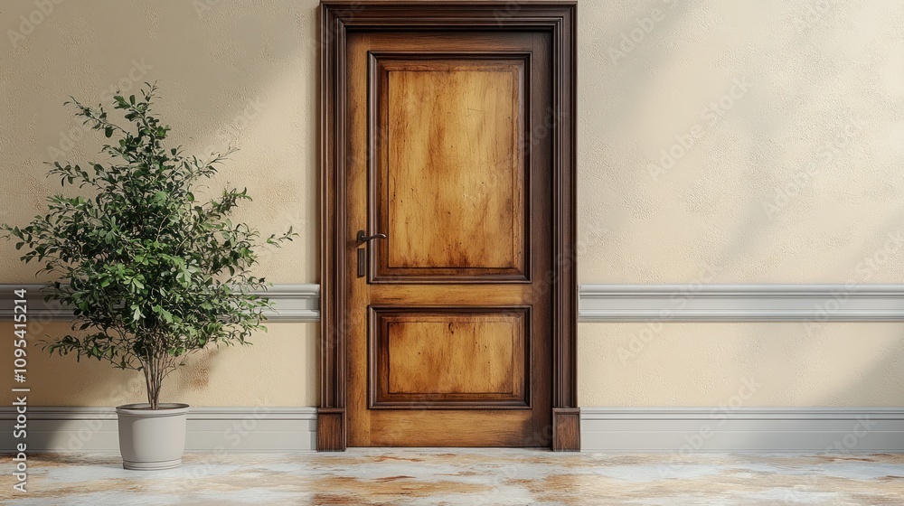 A wooden door in a well-lit room with a potted plant nearby. A wooden door in a well-lit room with a potted plant nearby.