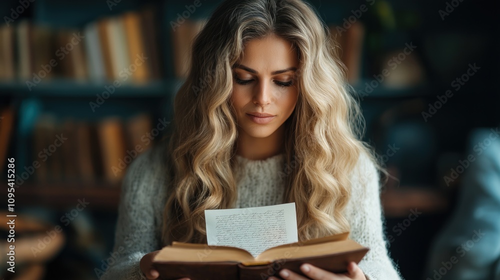 A young woman with beautiful, flowing hair is deeply engaged in reading a book. She sits in a comfortable library surrounded by numerous books, illuminated by gentle afternoon light A young woman with beautiful, flowing hair is deeply engaged in reading a book. She sits in a comfortable library surrounded by numerous books, illuminated by gentle afternoon light