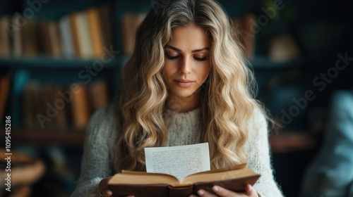 A young woman with beautiful, flowing hair is deeply engaged in reading a book. She sits in a comfortable library surrounded by numerous books, illuminated by gentle afternoon light