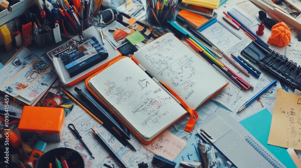 Messy artist's workspace with open sketchbook, pens, pencils, and papers. Messy artist's workspace with open sketchbook, pens, pencils, and papers.
