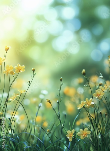 Vibrant wildflower meadow in springtime sunlight with distant mountains and l...