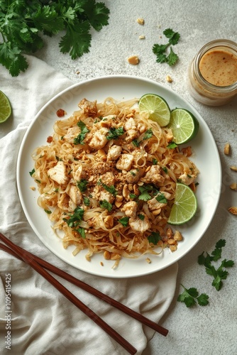 Delicious homemade pad thai with chicken, peanuts, cilantro, and lime served ...