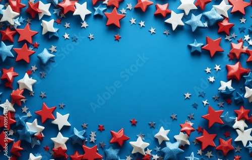 Colorful red, white, and blue star decorations arranged on a blue background ...