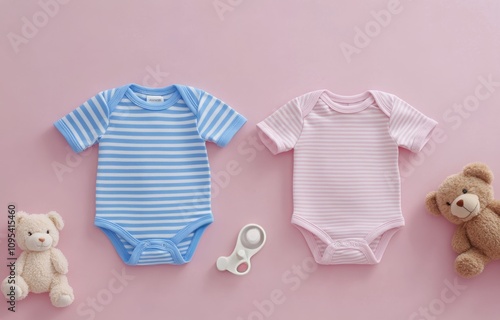 Cute striped baby onesies and plush toys on a soft pink background for a nurs...