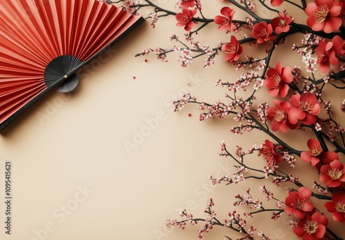 Colorful cherry blossom branch and decorative fan on a soft beige background ...
