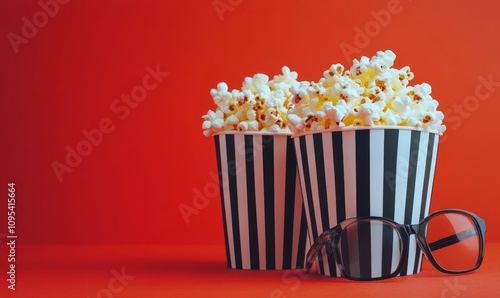 Two striped popcorn containers filled with popcorn, one wearing glasses, agai...