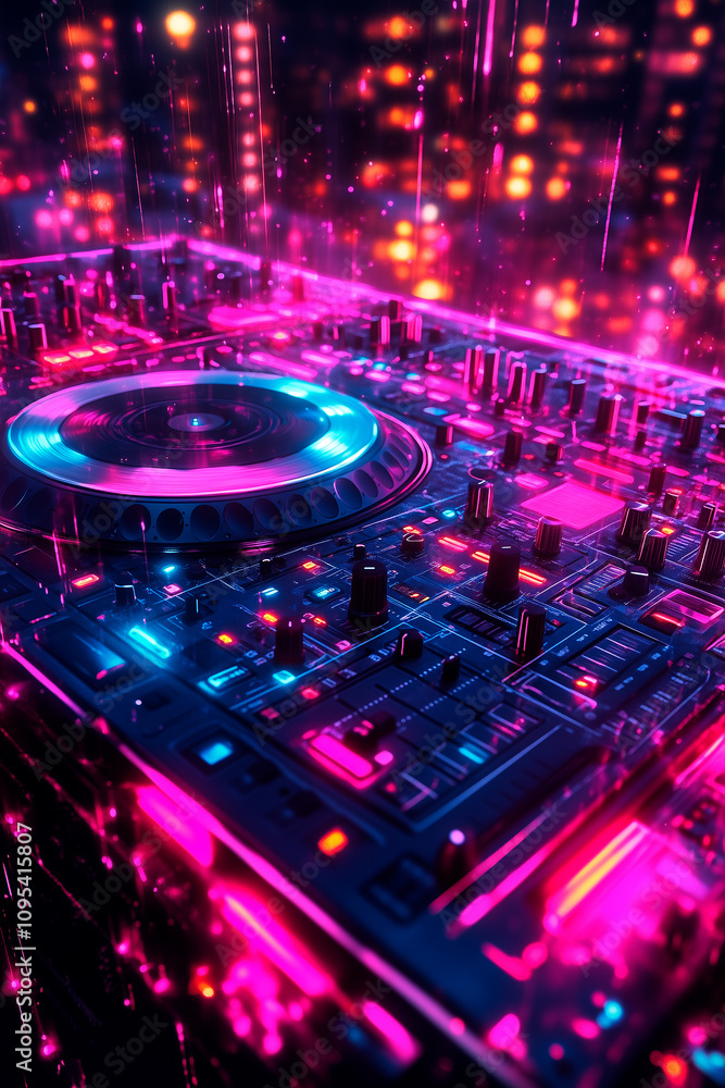 DJ turntables with intense neon lights DJ turntables with intense neon lights