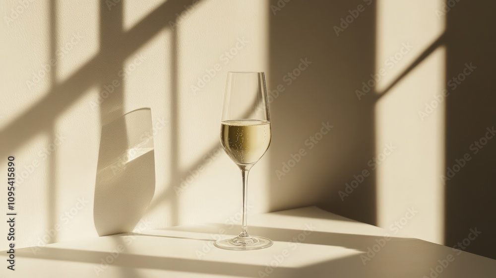 Chic champagne glass in soft sunlight, casting delicate shadows, evoking a serene ambiance with elegance and understated luxury. Chic champagne glass in soft sunlight, casting delicate shadows, evoking a serene ambiance with elegance and understated luxury.