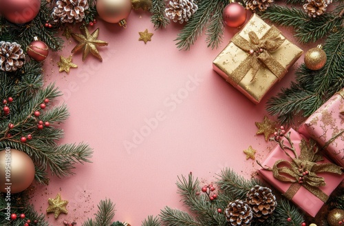Decorative Christmas arrangement with gifts, ornaments, and pine branches on ...