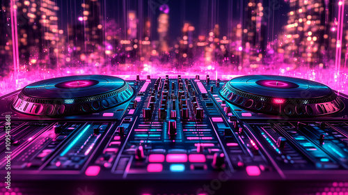 DJ turntables with intense neon lights