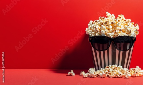 Popcorn wearing sunglasses in a playful display against a vibrant red background