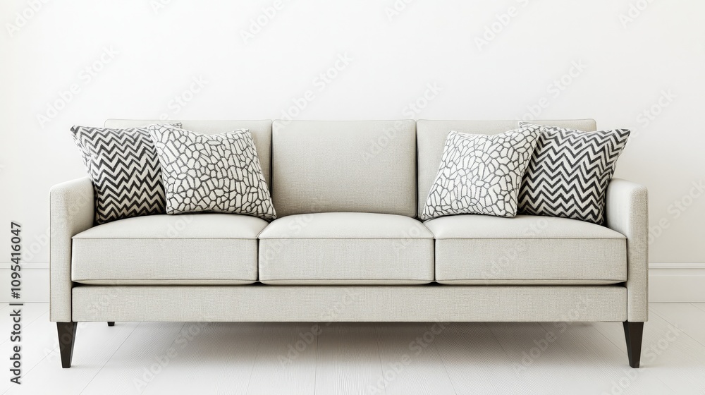 Modern neutral sofa adorned with stylish patterned cushions, perfect for a contemporary living space, embodying comfort and minimalist elegance against a light backdrop. Modern neutral sofa adorned with stylish patterned cushions, perfect for a contemporary living space, embodying comfort and minimalist elegance against a light backdrop.
