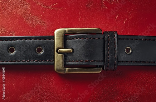 A close-up view of a black leather belt with a brass buckle on a red textured...