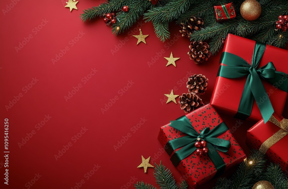 Festive holiday decorations with wrapped gifts, pine cones, and green foliage on a red background Festive holiday decorations with wrapped gifts, pine cones, and green foliage on a red background