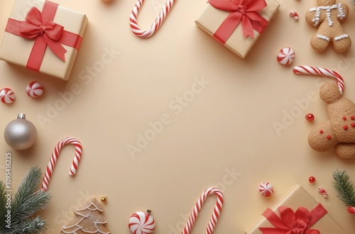 Festive holiday decorations with gifts, cookies, and candy canes arranged on ...
