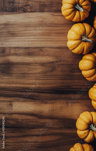 Bright orange pumpkins arranged on a rustic wooden table in autumn