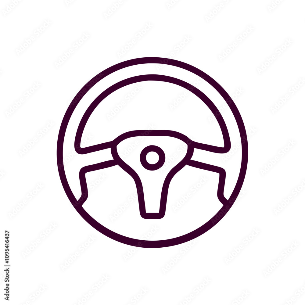 A purple circle with a steering wheel inside. The circle is white and the steering wheel is black A purple circle with a steering wheel inside. The circle is white and the steering wheel is black