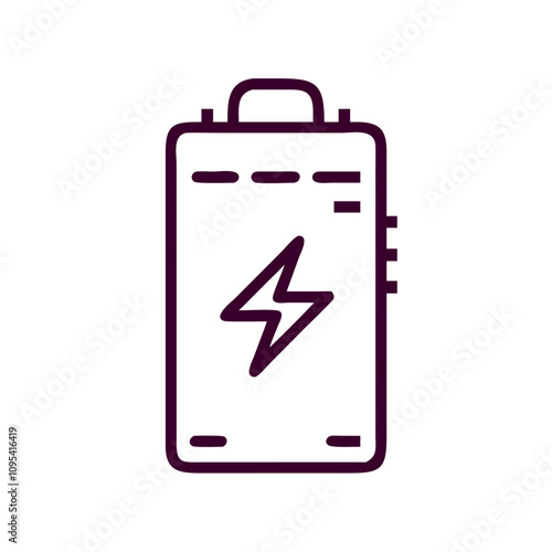 A purple and white battery with a lightning bolt on it. The battery is charged and ready to use