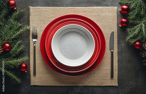 Elegant holiday dining setup featuring red dishes and festive decorations on ...
