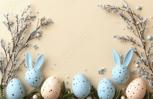 Colorful Easter eggs and rabbits surrounded by blooming branches on a soft ba...