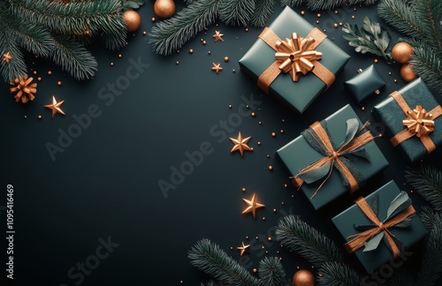 Festive arrangement of green gift boxes with golden accents and pine branches...