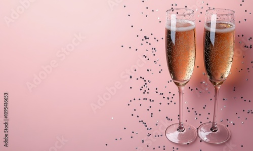 Cheers with sparkling wine in crystal glasses on a festive pink backdrop duri...
