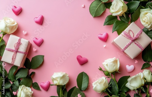 White roses, pink hearts, and gift boxes on a pastel backdrop for a celebration