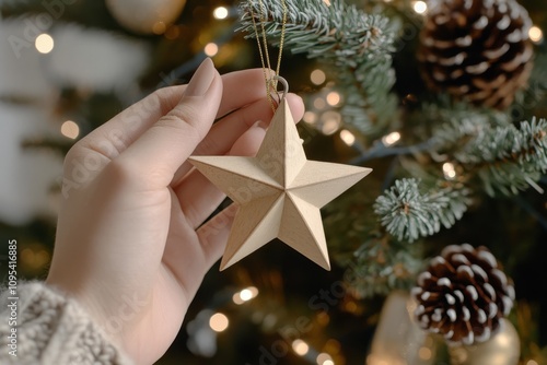 Delicately placing a star ornament on a snow-covered Christmas tree in warm h...