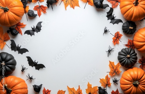 Colorful Halloween decorations with pumpkins, bats, and leaves arranged for festive celebrations photo