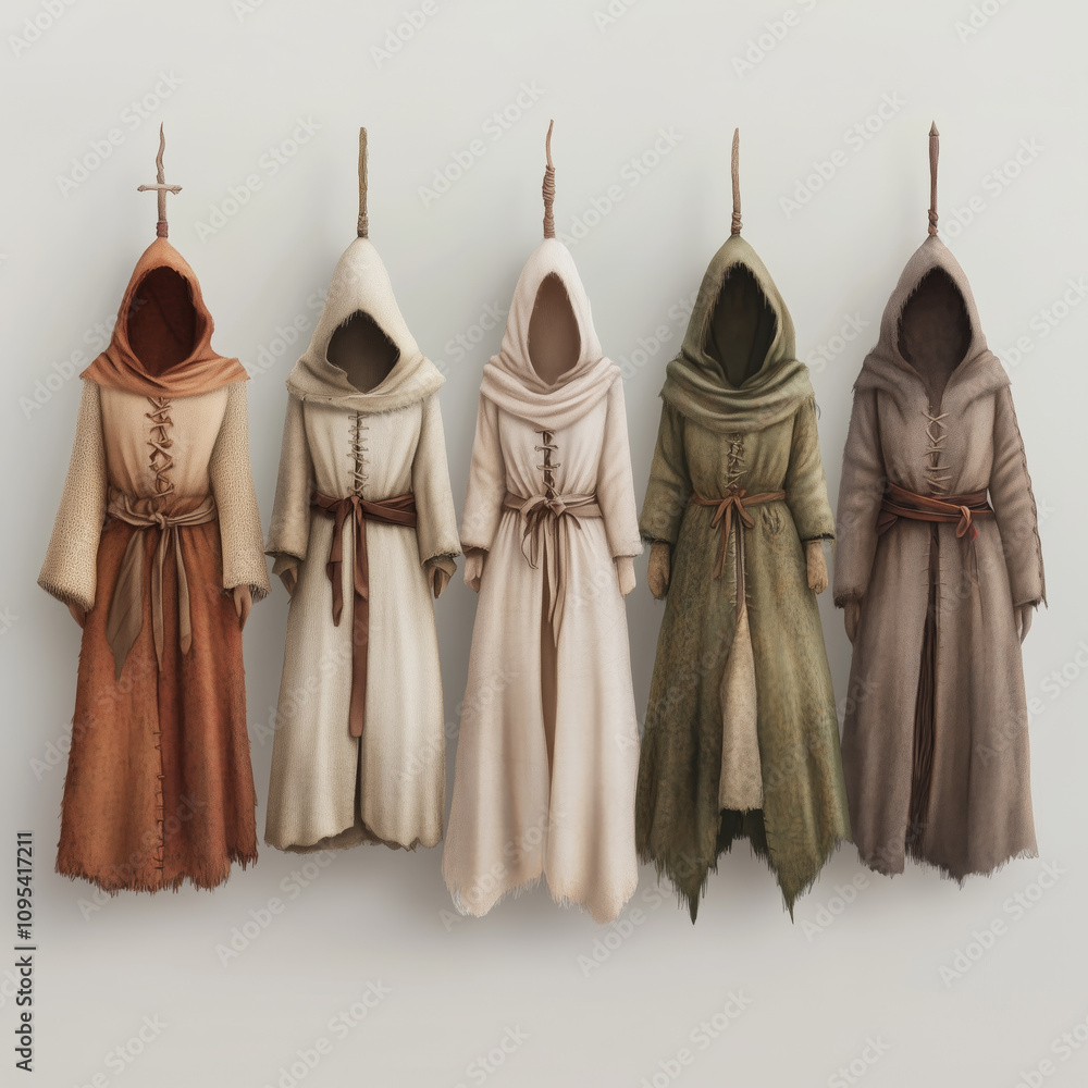 Medieval monks' robes display: historical garments in earth tones Medieval monks' robes display: historical garments in earth tones