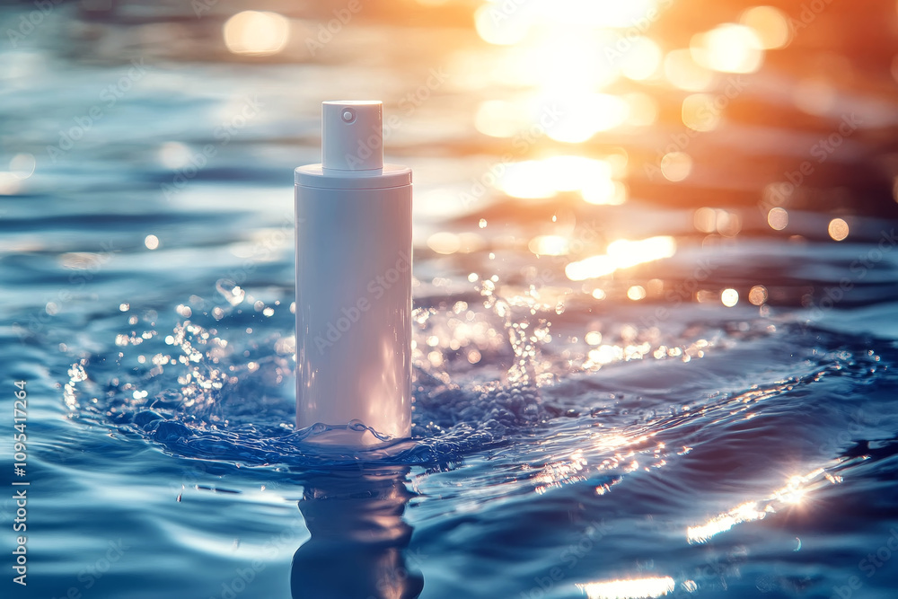 Refreshing White Lotion Bottle Surrounded by Splashes in Clear Water with Bokeh Effect Refreshing White Lotion Bottle Surrounded by Splashes in Clear Water with Bokeh Effect