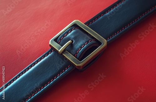 A close-up view of a black leather belt with a brass buckle on a red textured...