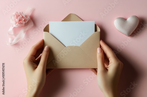 A person holding a blank envelope with a ribbon and heart decoration on a soft pink background photo