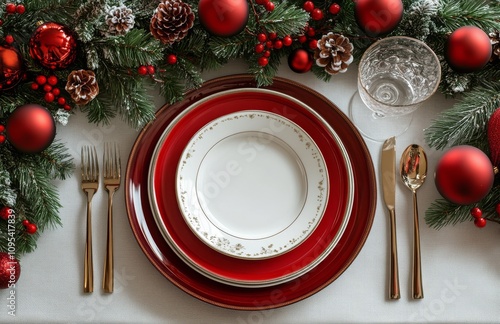 Elegant holiday dining setup featuring red dishes and festive decorations on ...