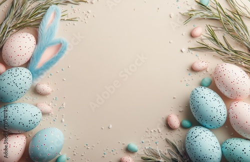 Colorful Easter eggs and rabbits surrounded by blooming branches on a soft ba...