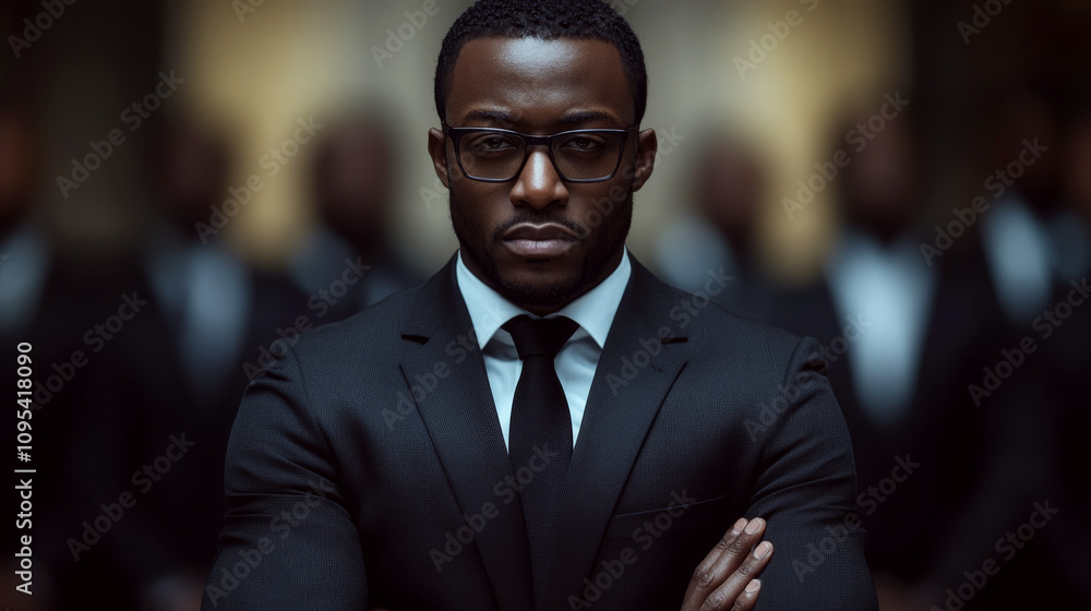 A confident man in a suit stands with arms crossed, surrounded by others. Concept of leadership and professionalism. For business presentations and marketing A confident man in a suit stands with arms crossed, surrounded by others. Concept of leadership and professionalism. For business presentations and marketing