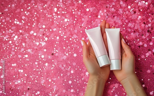 Hands holding pink cosmetic tubes against a sparkling pink glitter background...