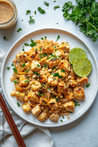 Delicious homemade pad thai with chicken, peanuts, cilantro, and lime served ...