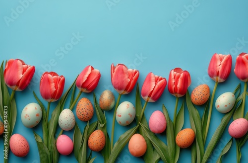 Spring flowers and decorated eggs on a blue backdrop for an Easter celebration