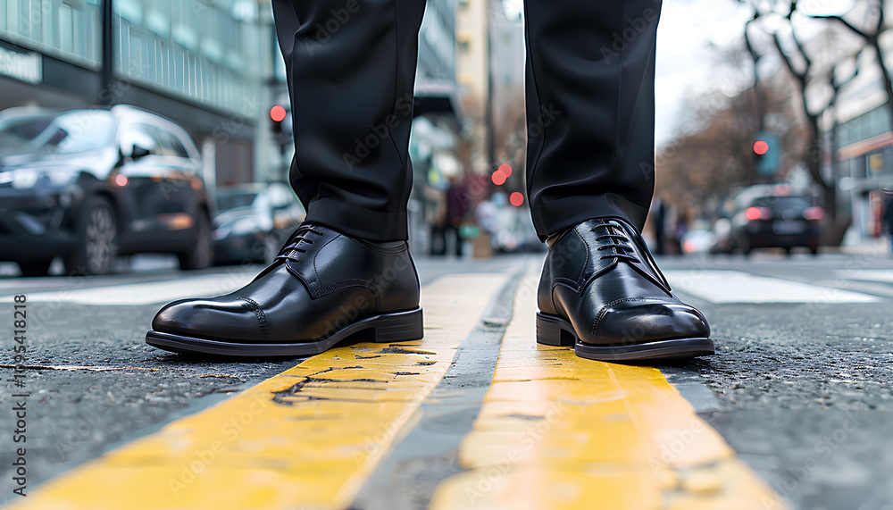 Fototapeta premium businessman in black leather shoes standing at a crossroads decides which way to go. So many choices